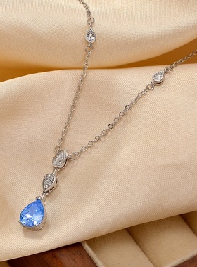 新款星圆白鹭海蓝宝水滴流苏项链