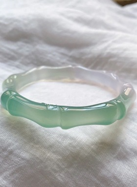 半山半水渐变透亮竹节手镯冰种玛瑙手镯玉髓美人镯荔枝冻油青玉镯