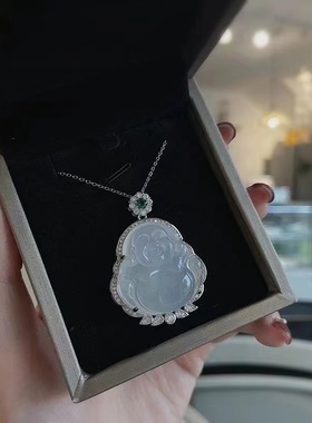 纯天然冰种玉髓佛吊坠佛公纯银项链珠宝女挂坠生日礼物佛公镶嵌