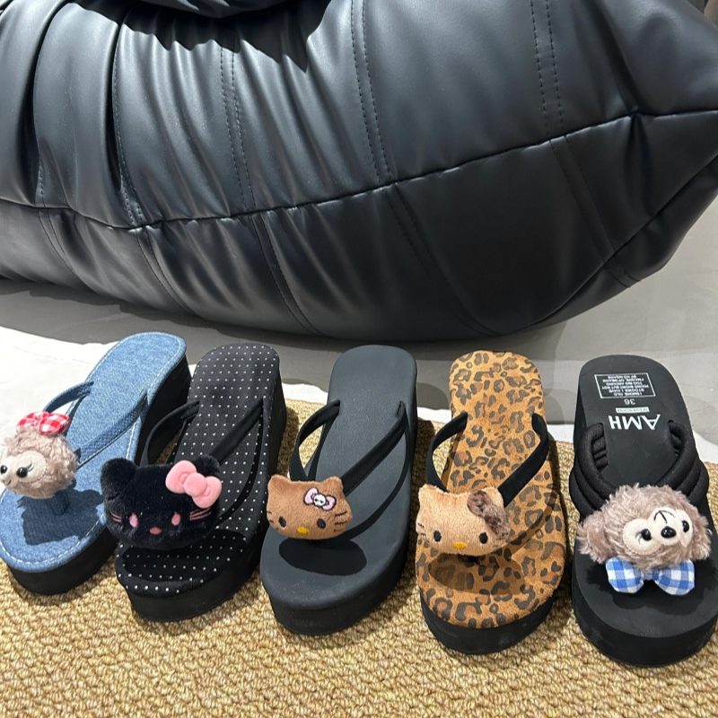 吴林萌主「7cm坡跟」hellokitty女夏外穿拖鞋沙滩海边厚底人字拖