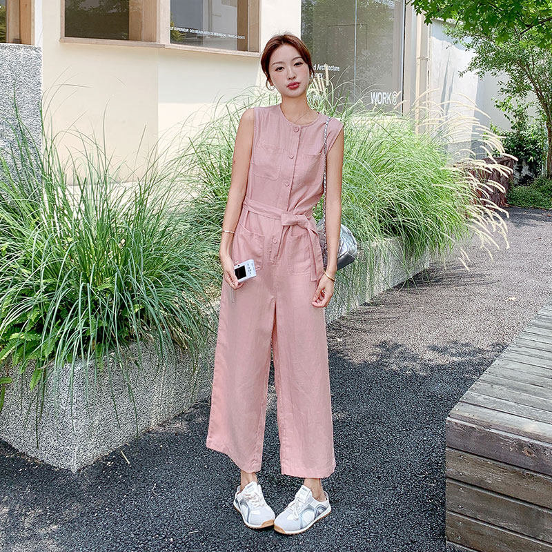 档口新款上市2025年夏季优质现货减龄粉色天丝亚麻无袖连体裤女