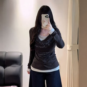 美式 复古假两件拼接长袖 t恤女秋季 大码 新款 胖MM收腰显瘦内搭上衣