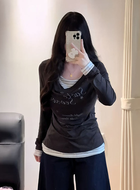 大码美式复古假两件拼接长袖t恤女秋季新款胖MM收腰显瘦内搭上衣