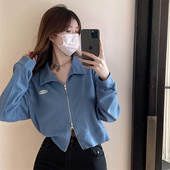 百搭双拉链长袖 韩版 新款 卫衣外套宽松显瘦短款 大码 polo领上衣 秋季