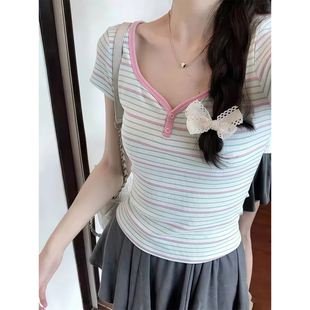 小个子修身 大码 短款 t恤女夏季 正肩上衣潮 胖mm甜辣妹纽扣条纹短袖