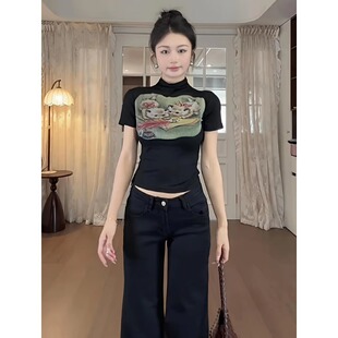 大码美式复古风涂鸦卡通印花上衣夏季新款修身显瘦短款正肩T恤女