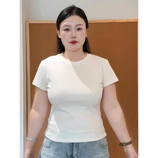 大码 短袖 T恤女胖MM新款 纯色圆领百搭纯欲小众上衣 辣妹风显瘦修身