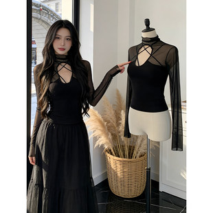 大码胖MM辣妹U领交叉绑带打底衫女秋冬网纱拼接设计上衣微薄小衫