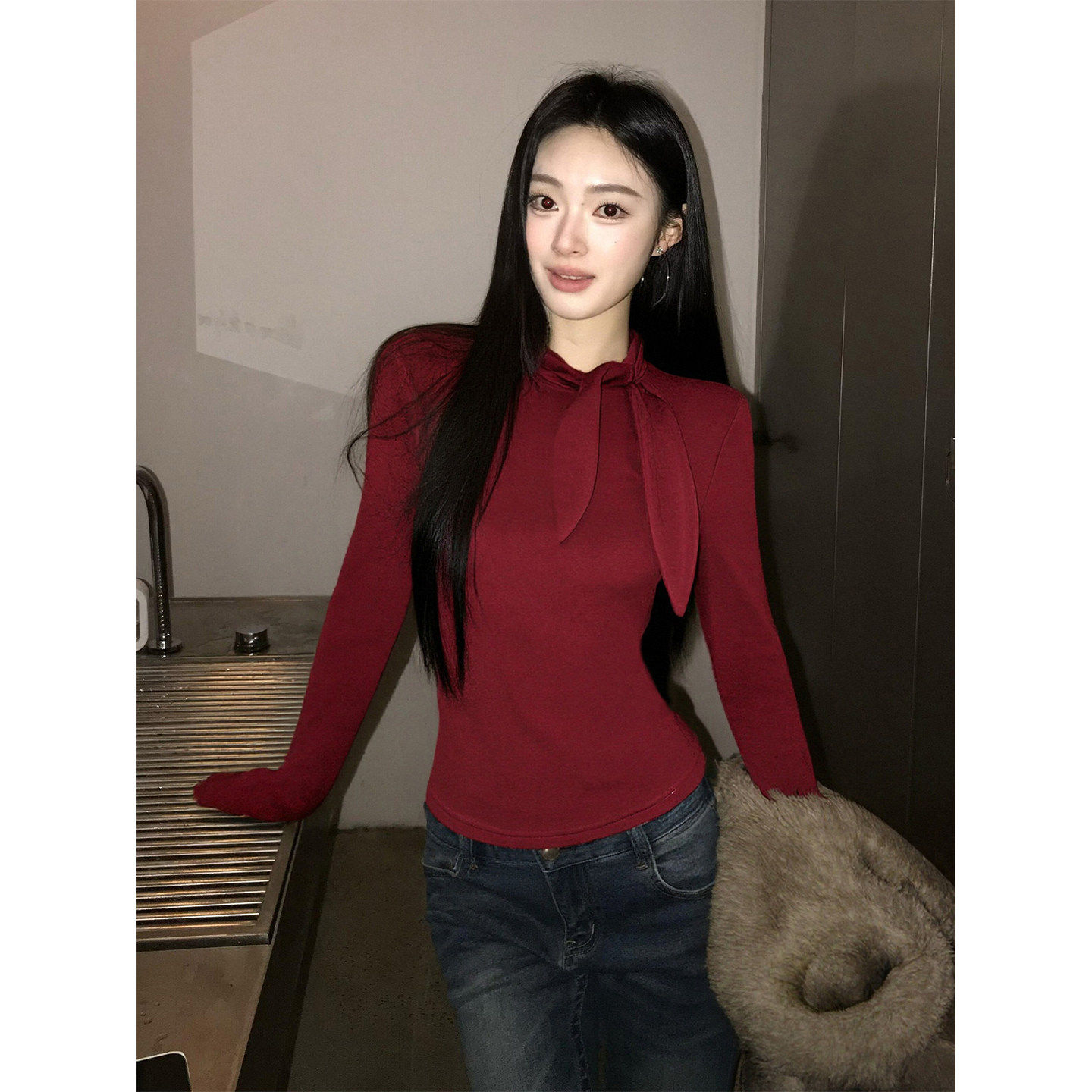 大码胖mm韩系红色长袖t恤女秋冬季蝴蝶结打底衫修身显瘦内搭上衣,女装/女士精品,大码内搭,淘宝优惠券,粉丝福利购,淘宝优惠卷