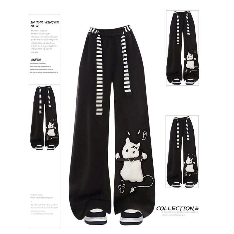 大码胖mm可爱猫咪黑色加绒休闲卫裤女秋冬时尚百搭绝美宽松阔腿裤,女装/女士精品,大码裤装,淘宝优惠券,粉丝福利购,淘宝优惠卷