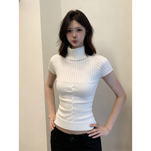 大码胖妹妹高领短袖毛衣女冬季设计感扭花针织衫修身内搭打底上衣
