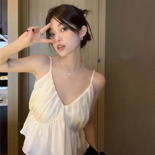 法式褶皱v领小吊带背心