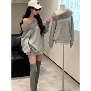 设计感上衣 气质韩系高级感一字领毛毛卫衣秋冬新款 大码 胖mm女装