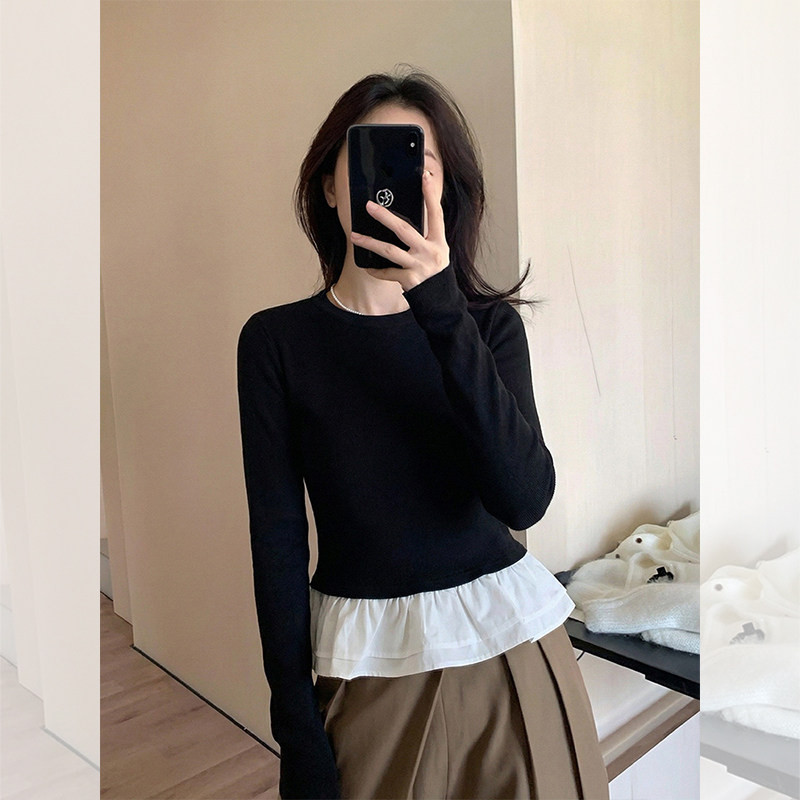 大码胖mm法式花边下摆长袖T恤女秋冬时尚绝美掐腰显瘦内搭小上衣,女装/女士精品,大码内搭,淘宝优惠券,粉丝福利购,淘宝优惠卷