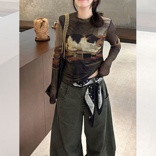 网纱打底衫 大码 正肩薄款 T恤女春季 上衣 胖mm复古猫咪印花圆领长袖