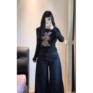 长袖 大码 显瘦修身 设计感小兔子印花T恤女秋季 上衣 胖妹妹黑色薄款
