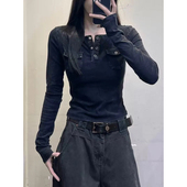 大码 显瘦正肩上衣 T恤女早秋辣妹风修身 胖mm美式 半开领双口袋长袖