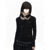 T恤女秋冬修身 大码 胖mm双层绣花镂空花朵打底长袖 刺绣假两件上衣