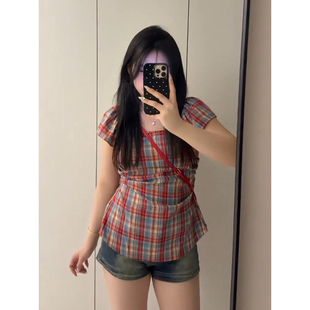 一字肩复古格纹衬衫 胖MM韩版 夏季 新款 显瘦上衣 大码 设计感修身 女装
