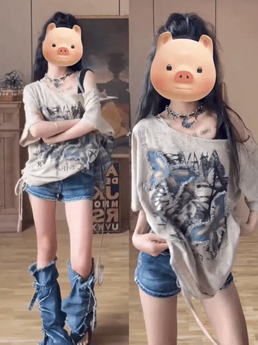 美式嘻哈复古重工蝴蝶贴布T恤