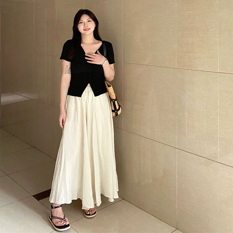大码胖妹妹慵懒风黑色V领开叉短袖T恤女夏高腰宽松阔腿裤裙套装