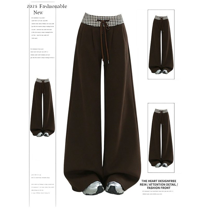 大码胖mm时尚格纹拼接阔腿休闲裤女春季新款宽松垂感显瘦直筒长裤,女装/女士精品,大码裤装,淘宝优惠券,粉丝福利购,淘宝优惠卷