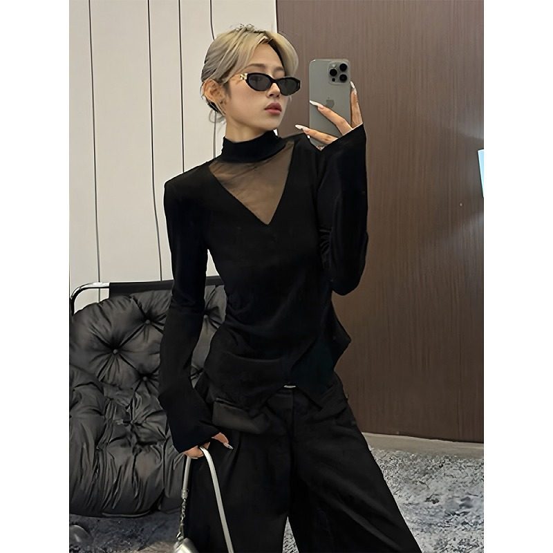 大码胖mm气质半高领长袖t恤女秋冬设计感网纱拼接内搭打底衫上衣,女装/女士精品,大码内搭,淘宝优惠券,粉丝福利购,淘宝优惠卷