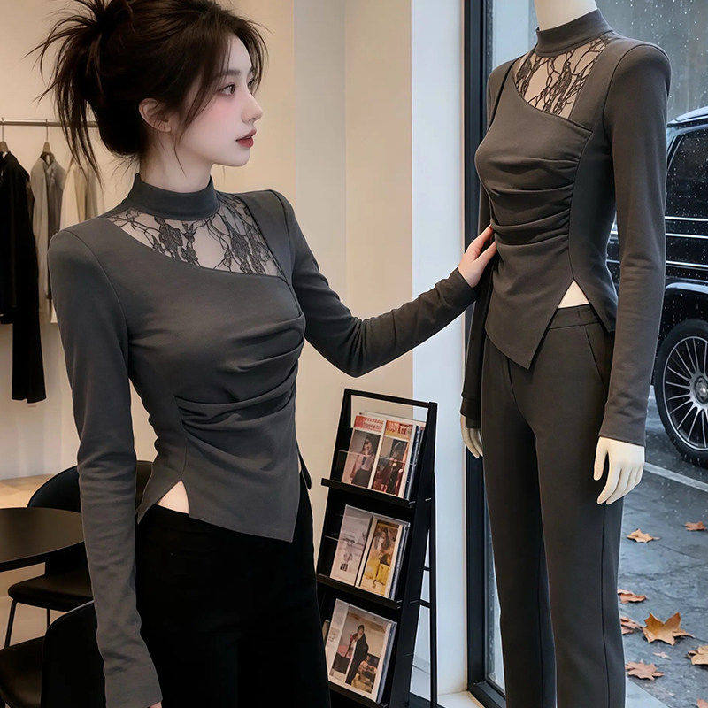 大码胖mm半高领蕾丝拼接褶皱长袖T恤女2026春季新款时尚气质上衣,女装/女士精品,大码内搭,淘宝优惠券,粉丝福利购,淘宝优惠卷