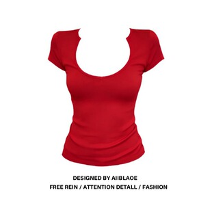 显瘦时尚 大码 新款 t恤女春季 百搭上衣 胖mm辣妹风设计感u领正肩短袖