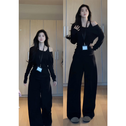 韩版吊带斜肩长袖T恤女