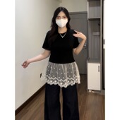 大码 遮肉显瘦上衣 爆款 胖妹妹芭蕾风蕾丝拼接短袖 t恤女夏2025新款