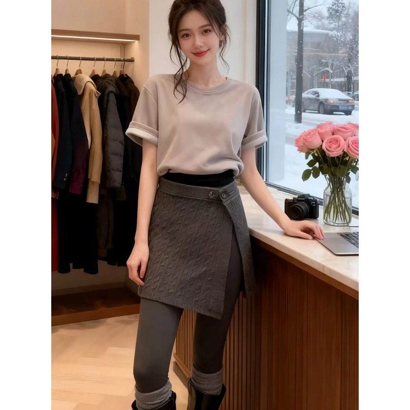 大码韩系设计感灰色麻花针织屁帘女2026新款微胖mm遮肉巨显瘦半裙