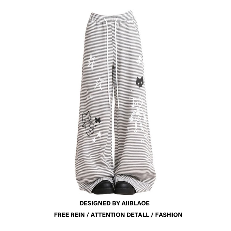 大码条纹阔腿卫裤女秋季胖mm卡通印花复古慵懒风垂感显瘦休闲裤子