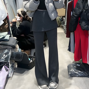 高腰显瘦百搭拖地休闲长裤 大码 新款 女春季 设计感假两件屁帘微喇裤