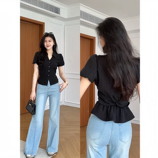 微胖mm百搭显瘦黑色短款 大码 女夏季 纯欲辣妹V领掐腰短袖 上衣 衬衫