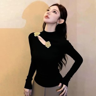大码胖mm冬季韩里韩气穿搭轻奢上衣高级感洋气减龄不撞款黑色T恤