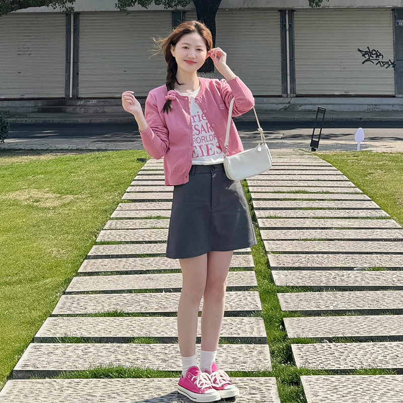 大码胖mm韩系粉色针织开衫外套短袖T恤上衣半身裙洋气减龄三件套