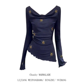 T恤女早秋不规则修身 大码 胖mm纯欲辣妹荡领印花长袖 显瘦百搭上衣