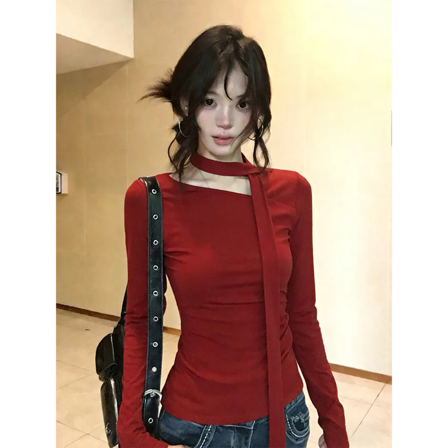 大码胖mm气质红色斜肩飘带长袖T恤女冬季修身针织打底衫显瘦上衣,女装/女士精品,大码内搭,淘宝优惠券,粉丝福利购,淘宝优惠卷