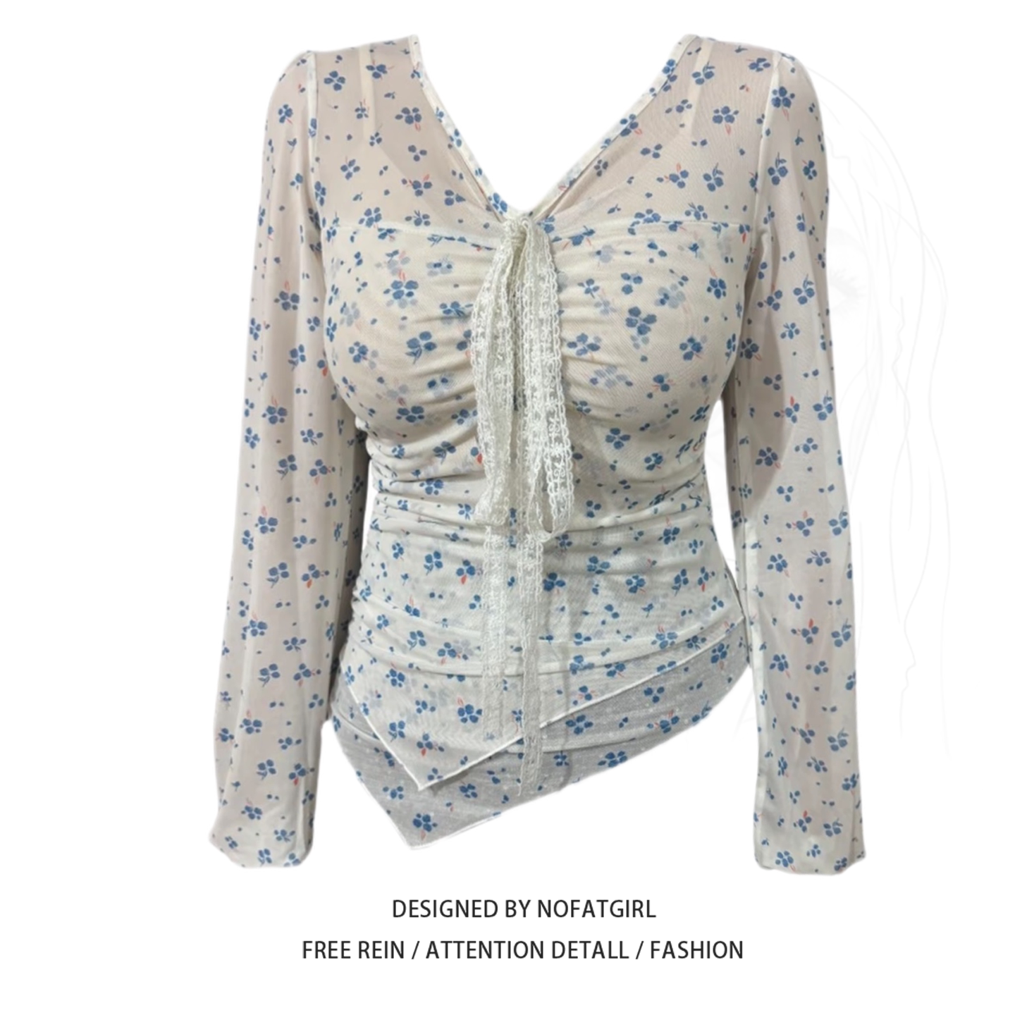 大码胖妹妹纯欲风碎花蕾丝不规则上衣女春季修身显瘦衬衫打底衫潮