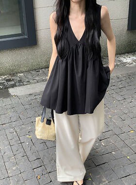 大码胖MMV领时尚百搭遮肚显瘦黑色无袖上衣女装吊带背心气质小衫