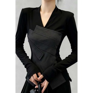 气质收腰内搭长袖 T恤女春秋胖mm时尚 上衣 设计感v领磨毛打底衫 大码