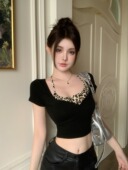 大码 显瘦百搭假两件T恤 修身 胖mm纯欲辣妹挂脖吊带上衣女夏季 短款