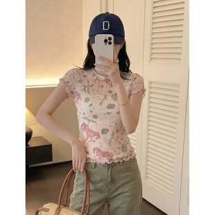 大码胖mm韩系杏色木耳边印花短袖t恤女夏季轻奢微透显瘦修身上衣