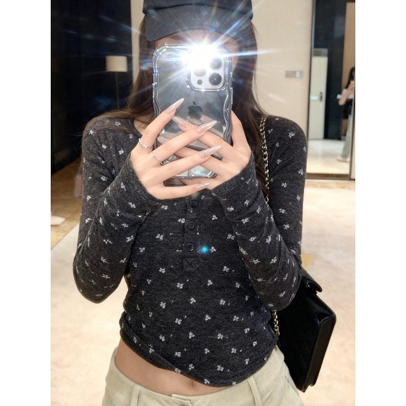 大码胖mm灰色碎花长袖T恤女2026新款修身显瘦内搭韩系打底衫上衣,女装/女士精品,大码内搭,淘宝优惠券,粉丝福利购,淘宝优惠卷
