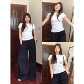 大码 显瘦内搭设计感休闲百搭圆领上衣 修身 胖mm正肩短袖 t恤女夏季