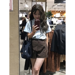 短裤 复古棕色工装 女夏季 高腰显瘦直筒裤 子 大码 通勤休闲裤 胖MM美式