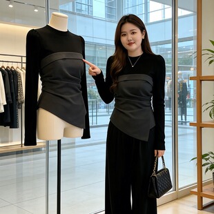 大码不对称修身打底衫长袖T恤女秋冬胖mm撞色拼接气质假两件上衣