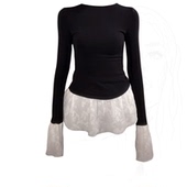 百搭显瘦喇叭袖 大码 上衣潮 新款 修身 高级感蕾丝拼接长袖 t恤女秋季