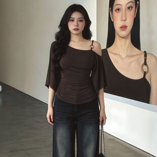 显瘦遮肚露肩上衣 t恤女夏季 大码 胖MM设计感辣妹纯欲斜肩掐腰短袖
